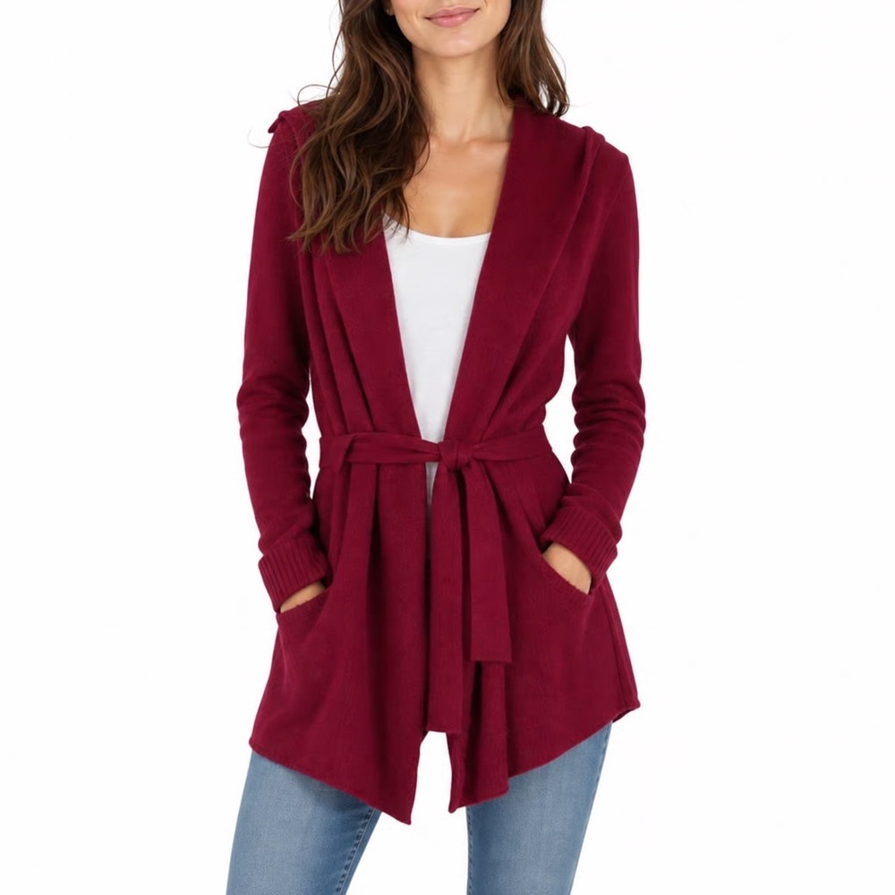 GAP Womens XS Red Wine Boucle Hooded Longline Belted Cardigan Sweater